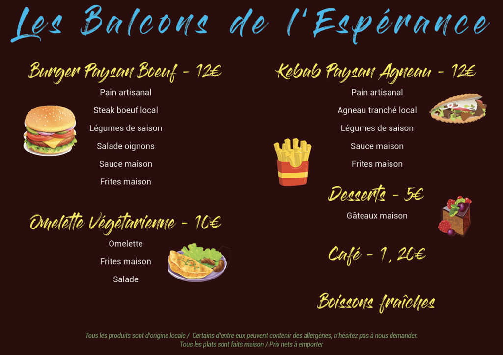 Menu Burgers Kebabs Les Balcons de l'Espérance covid19