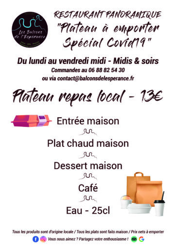 Menu Plateaux Repas à emporter - Les Balcons de l'Espérance